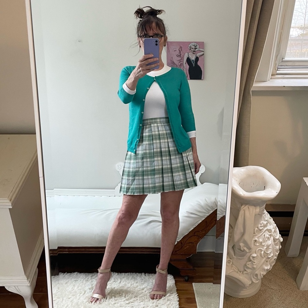 BLUE GREEN WHITE PLAID PLEATED SKIRT ZIPPER SLIDE CLASP SINGLE POCKET